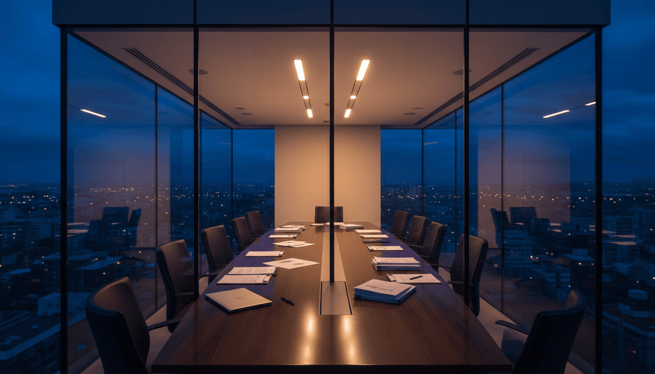 Empty corporate boardroom with neatly stacked financial reports on a polished table, viewed from outside through glass windows at dusk.