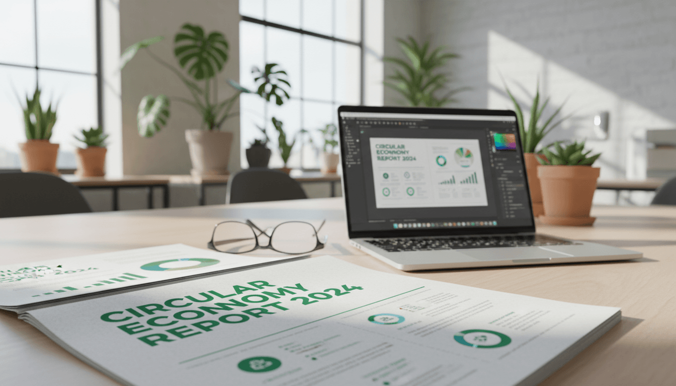 Sustainability report mockup on a meeting table beside a laptop