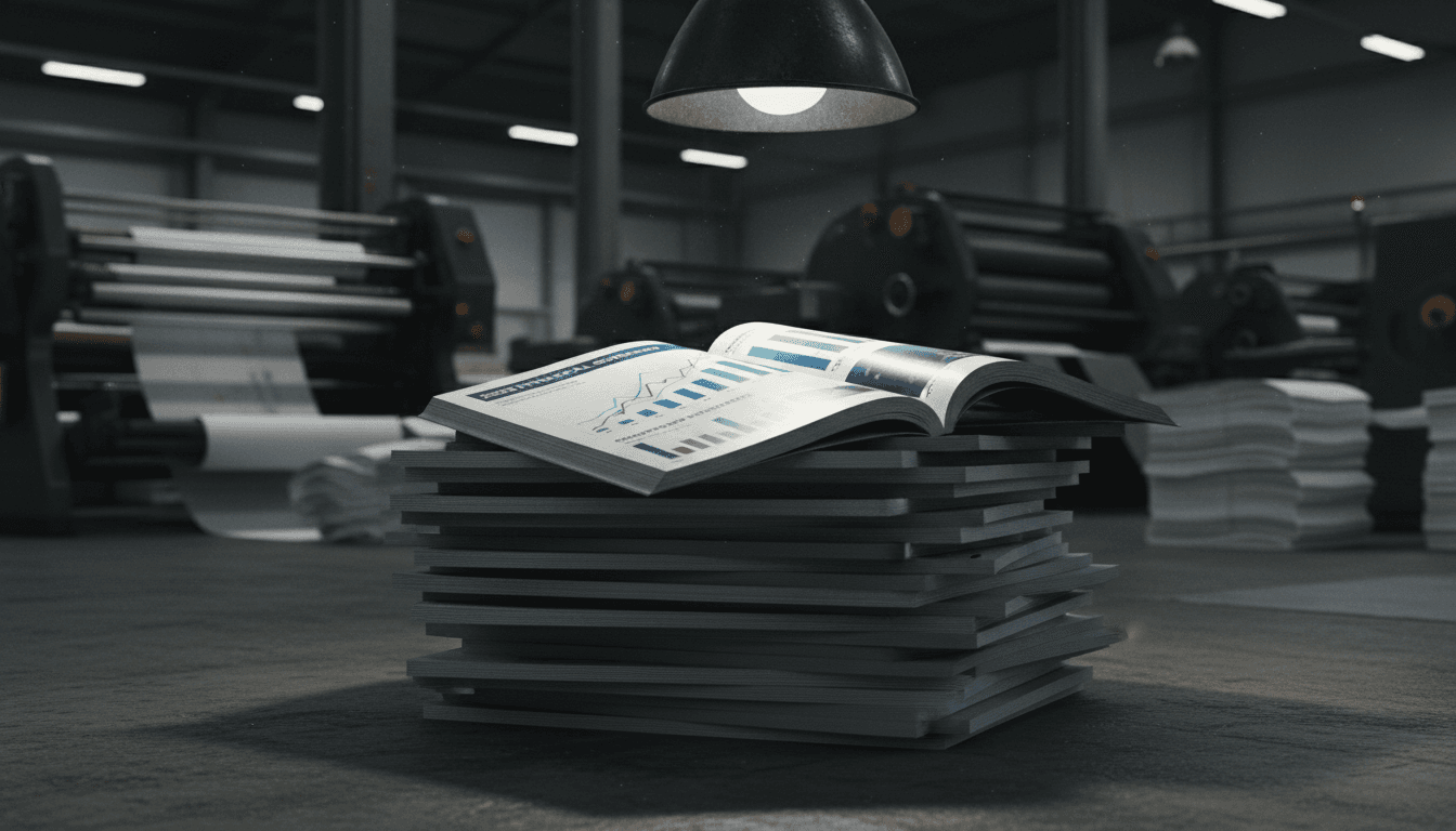 Stack of freshly printed annual reports in a print studio