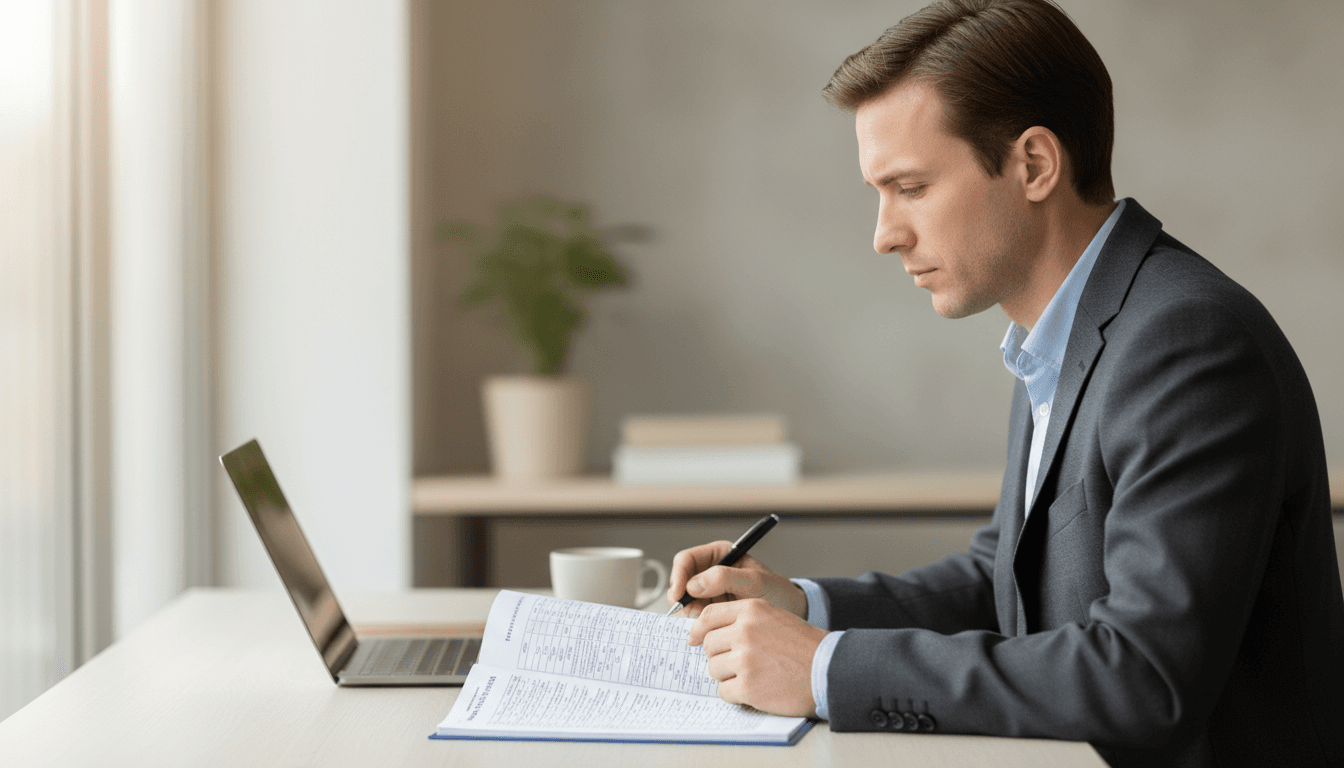 Focused consultant reviewing a financial document at a clean desk