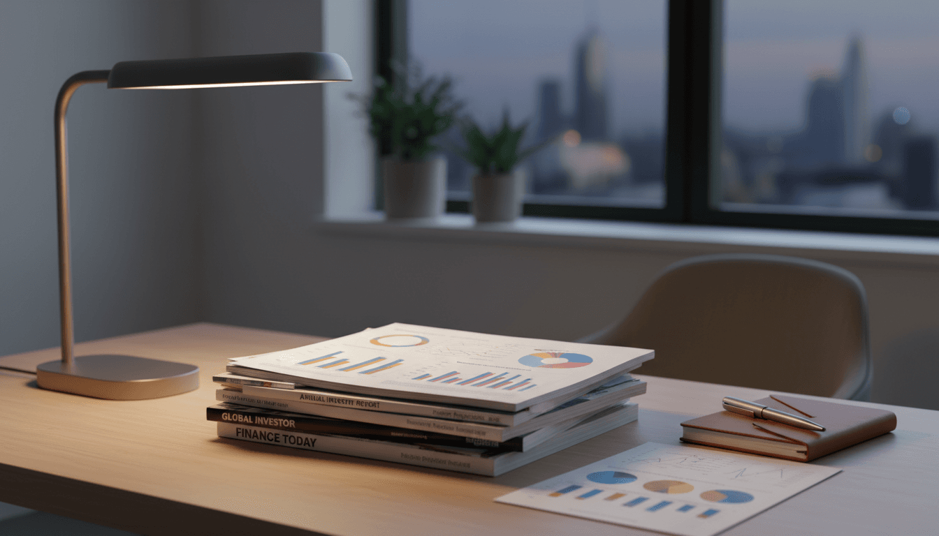 Stack of investor publications on a desk with charts visible