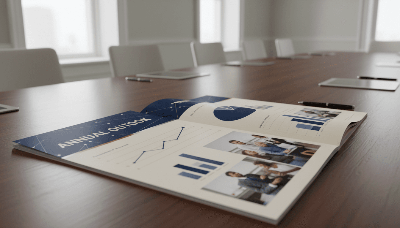 Open annual report on a boardroom table with financial charts