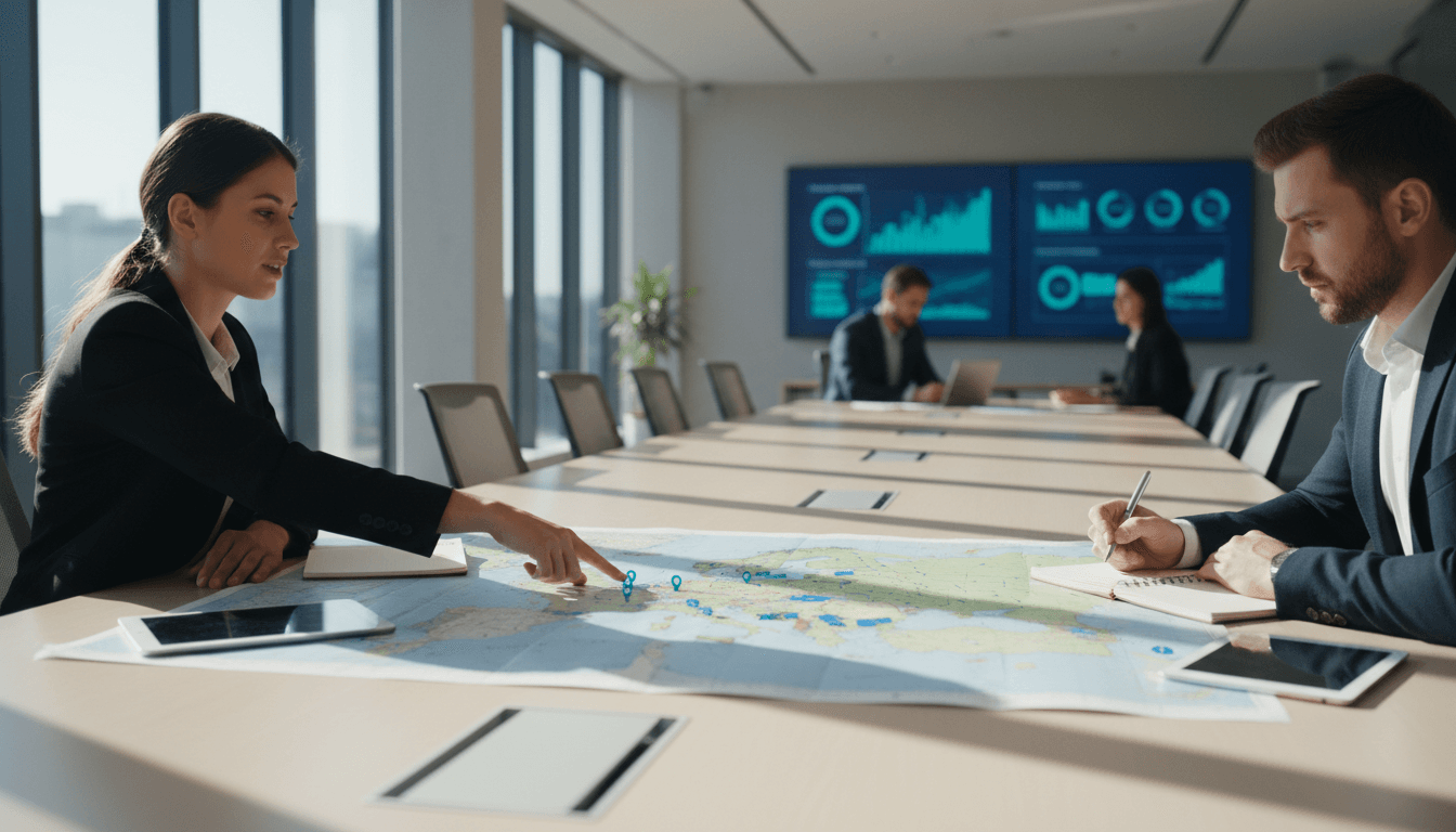 Dos profesionales revisando un mapa de Europa en una reunión de negocios estratégica