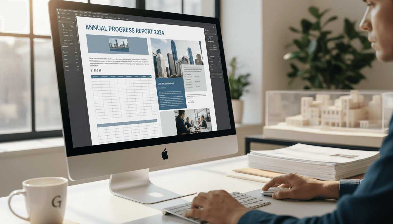 Designer adjusting a corporate report layout on screen