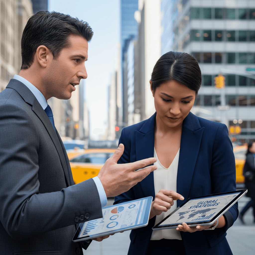 Business professional strategizing with a partner in a global cityscape.