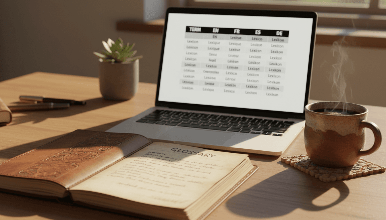 Open glossary notebook beside a laptop with a terminology table