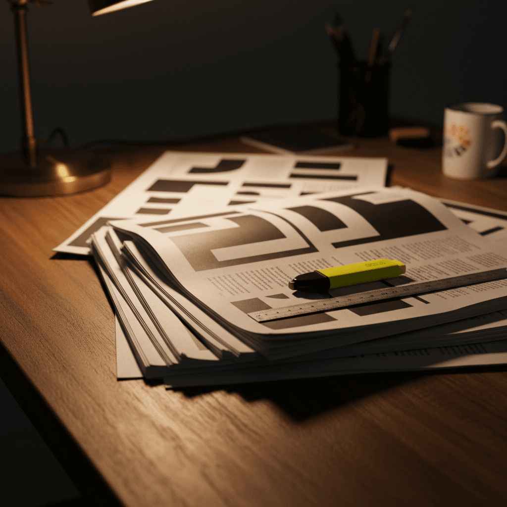 Fanned out printed spread proofs on a desk