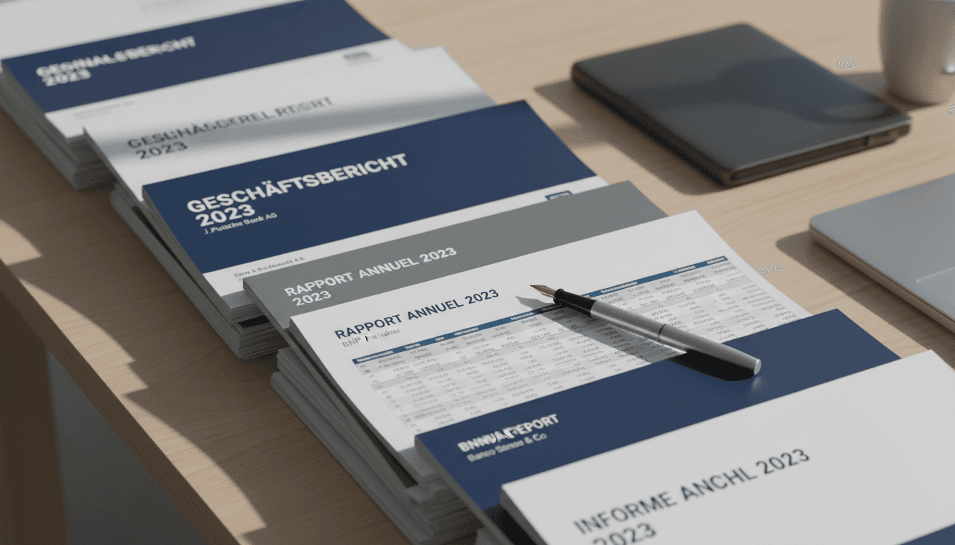Stack of multilingual annual reports on an analyst's desk