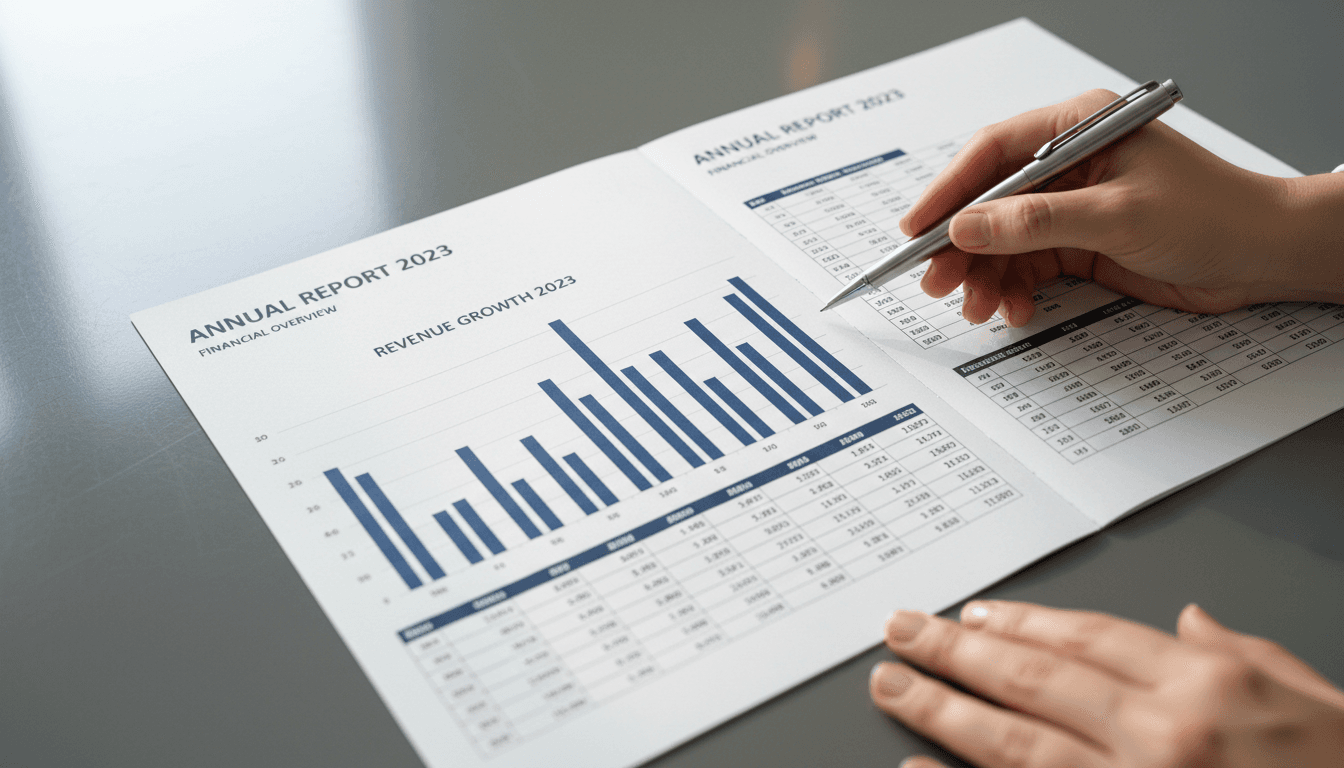 Hands reviewing a printed annual report spread