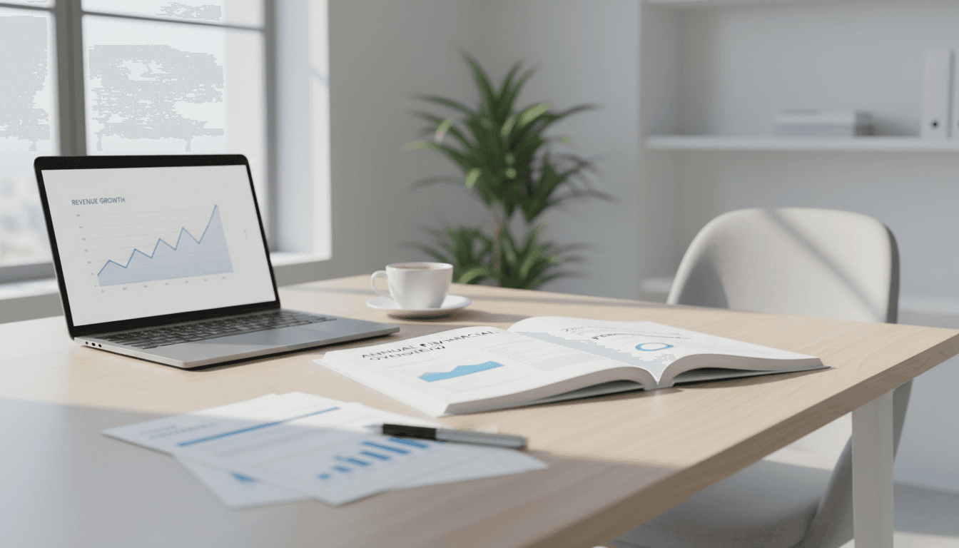 Open annual report on a desk in a bright office