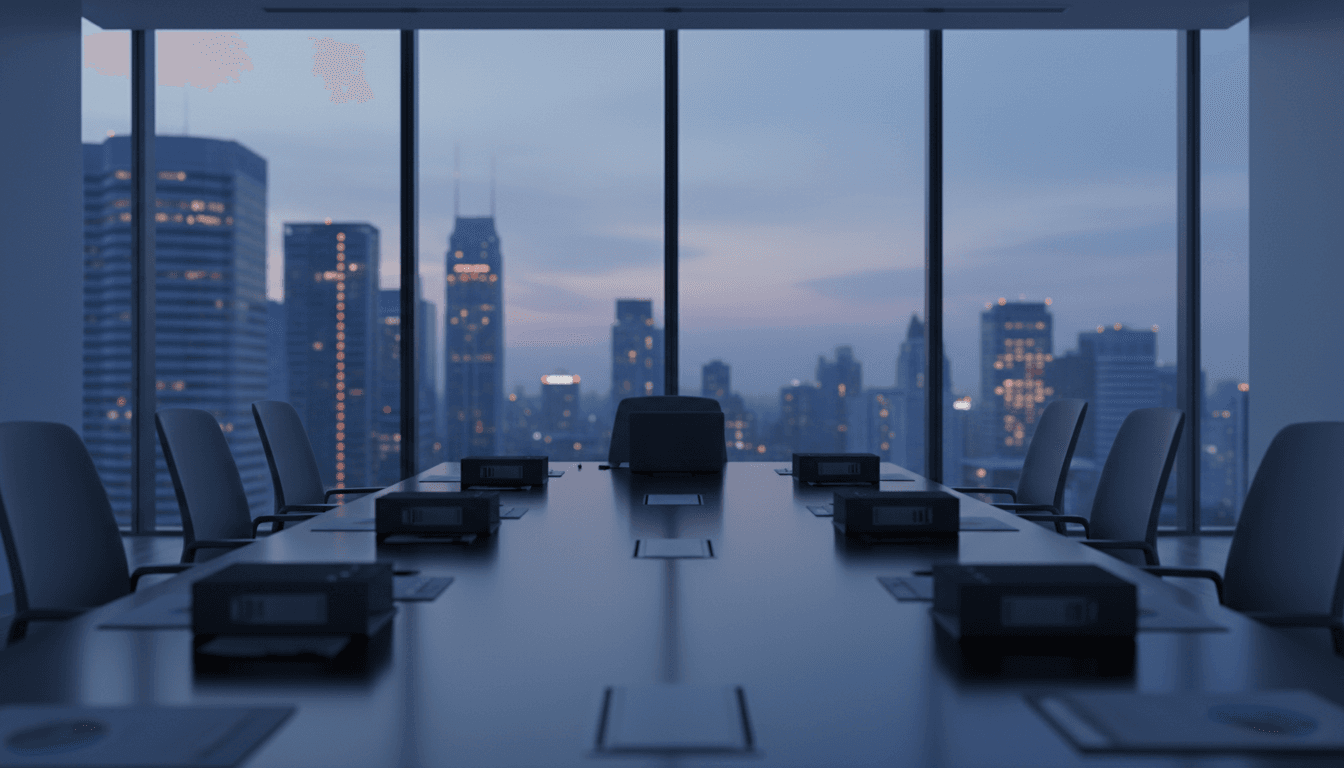 Financial documents on a conference table in a quiet office at dusk