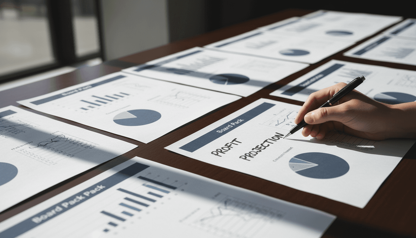 Printed board pack drafts with financial charts on a desk
