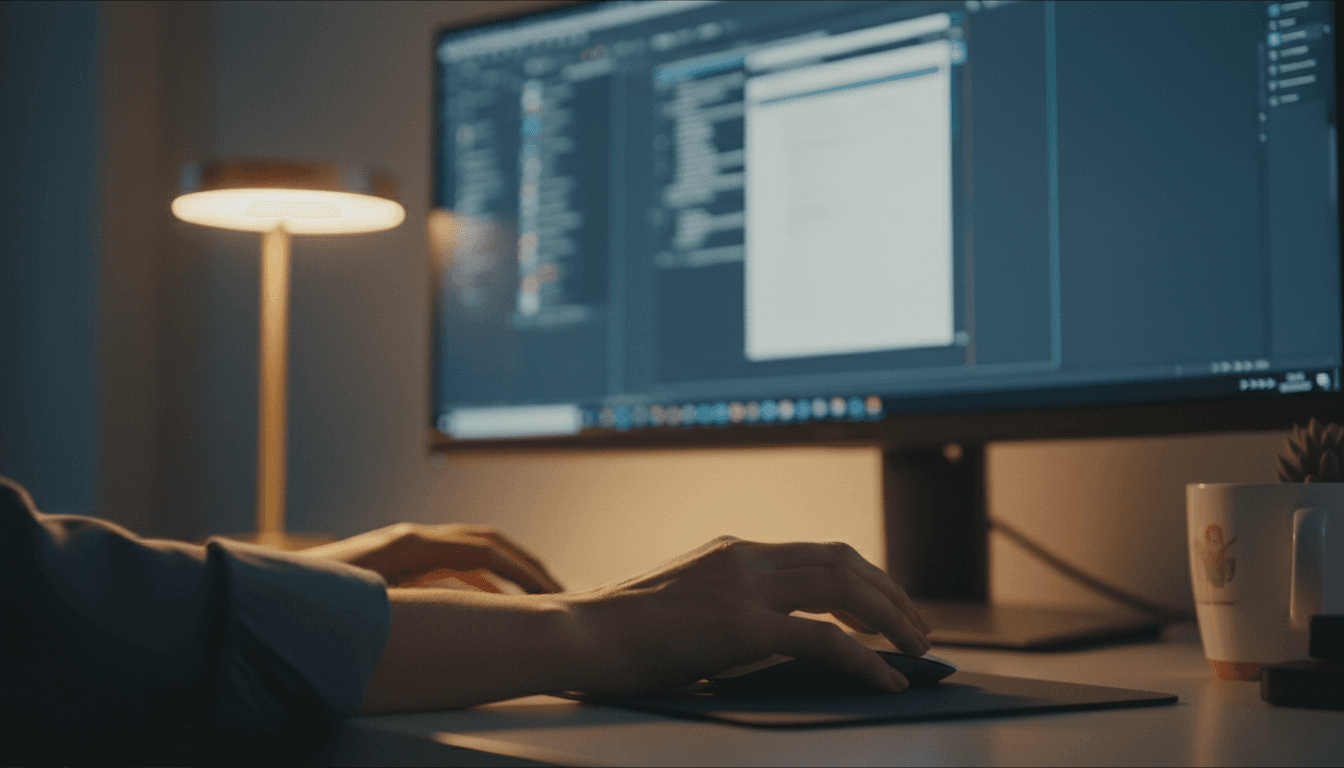 Designer's hands working on an InDesign layout with blurred interface