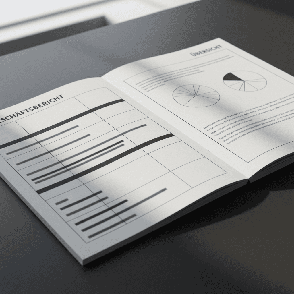Open annual report spread with financial charts on a desk