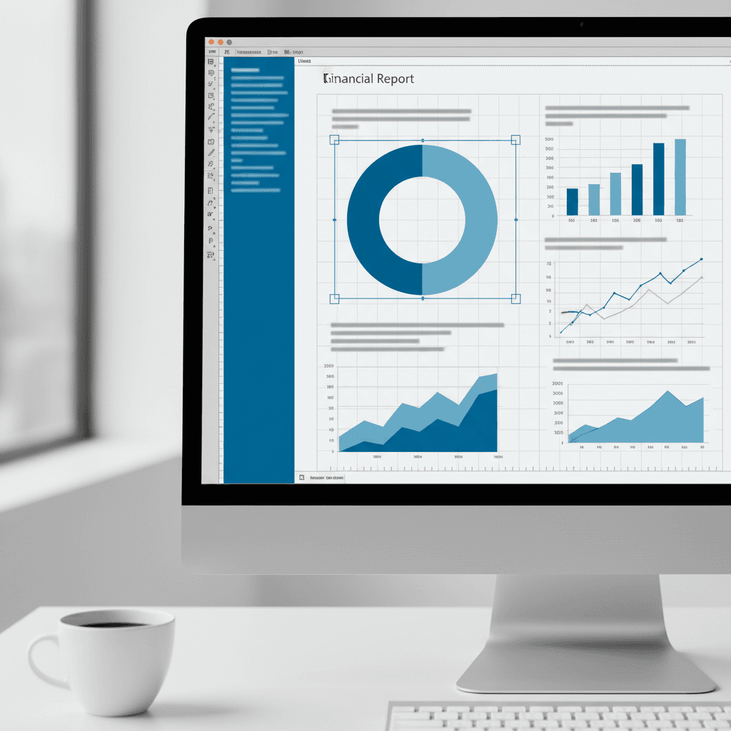 Financial report layout with charts in design software