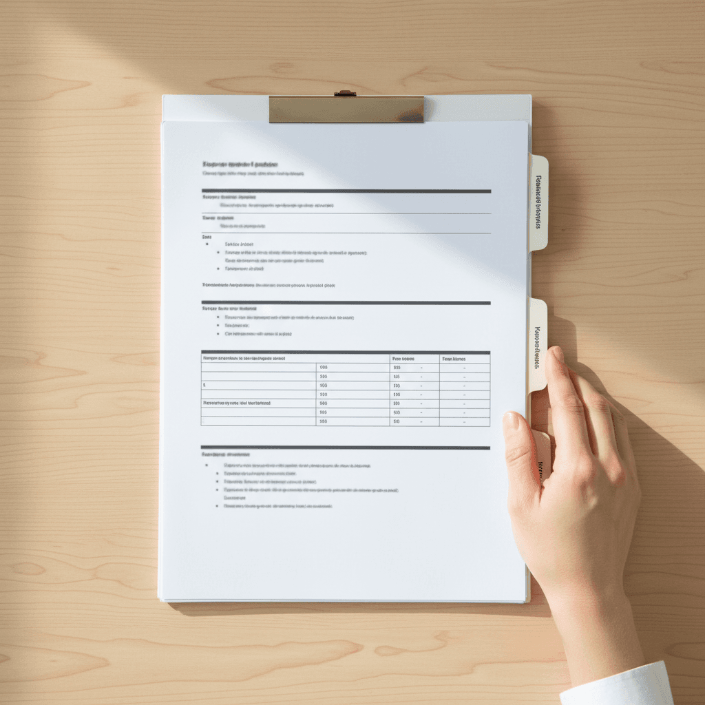 Stapled board pack with tabbed dividers on a desk