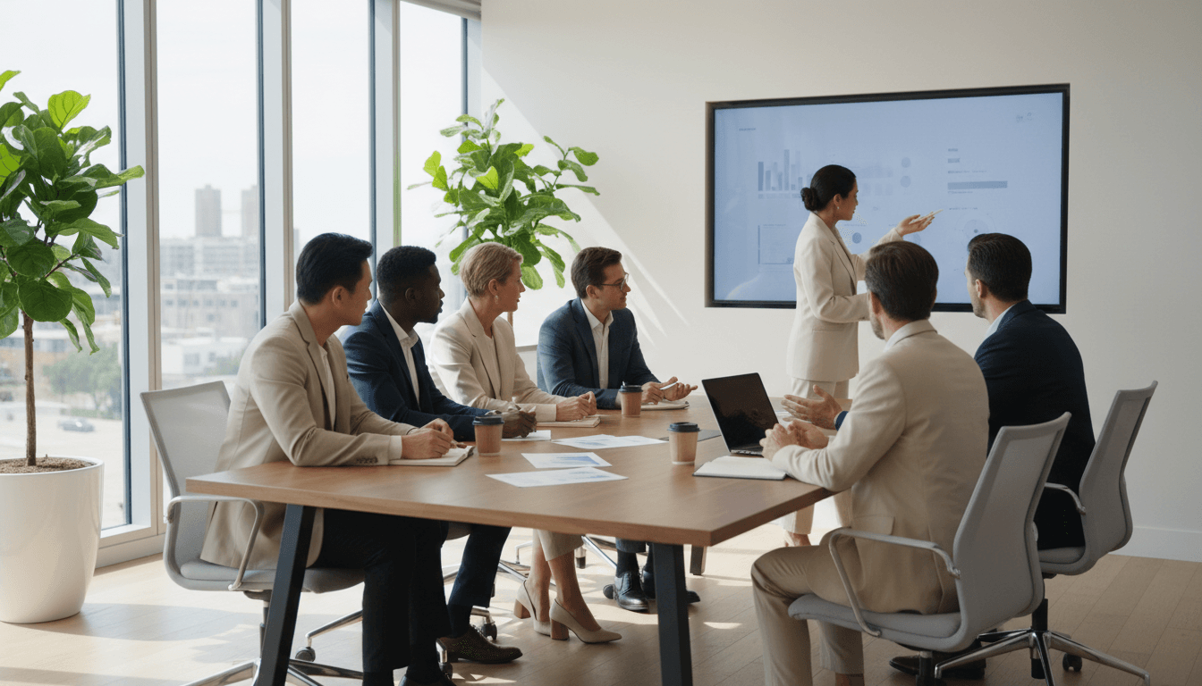 Equipo profesional de negocios analizando mapas y estrategias de exportación en una reunión colaborativa