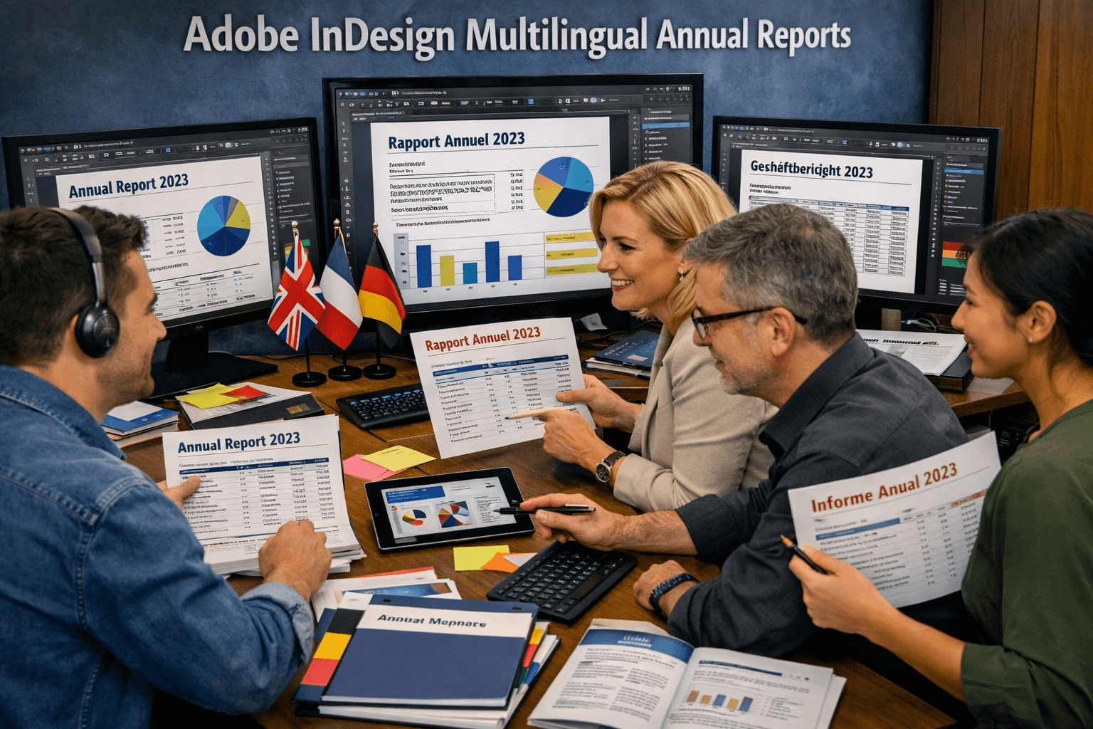 Professionals collaborating on multilingual annual reports using Adobe InDesign on screens and printed documents.