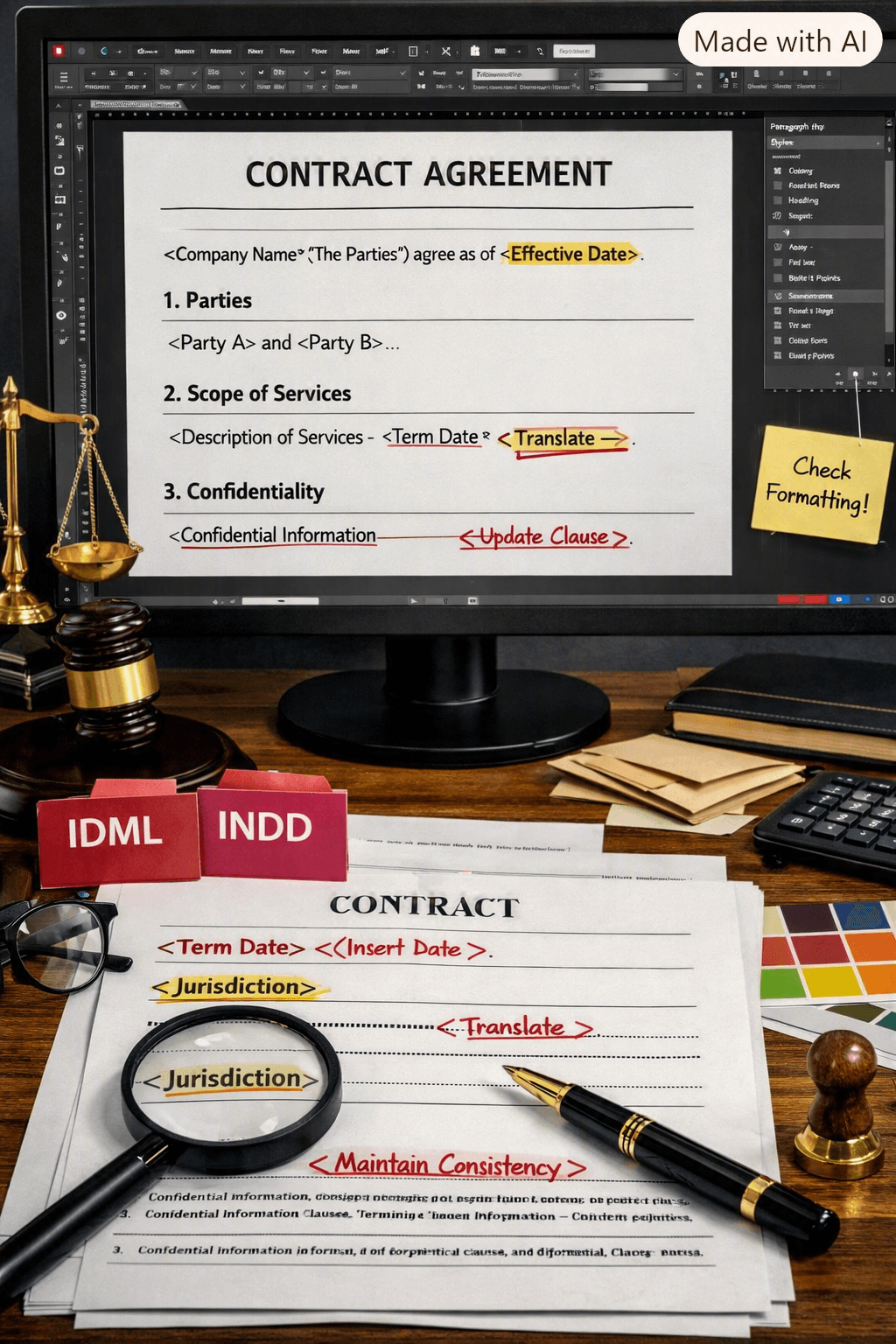 Contract agreement template on a monitor and desk with editing notes, magnifying glass, and gavel.