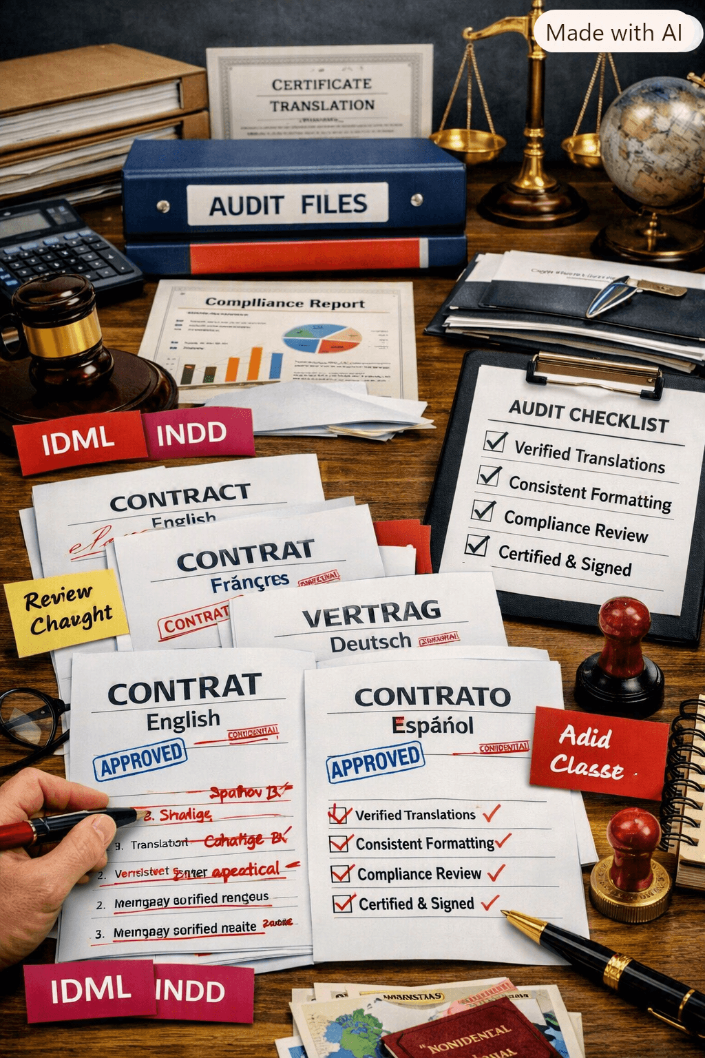 Legal desk with multilingual contracts, audit checklist, a gavel and scales for certified translation compliance.