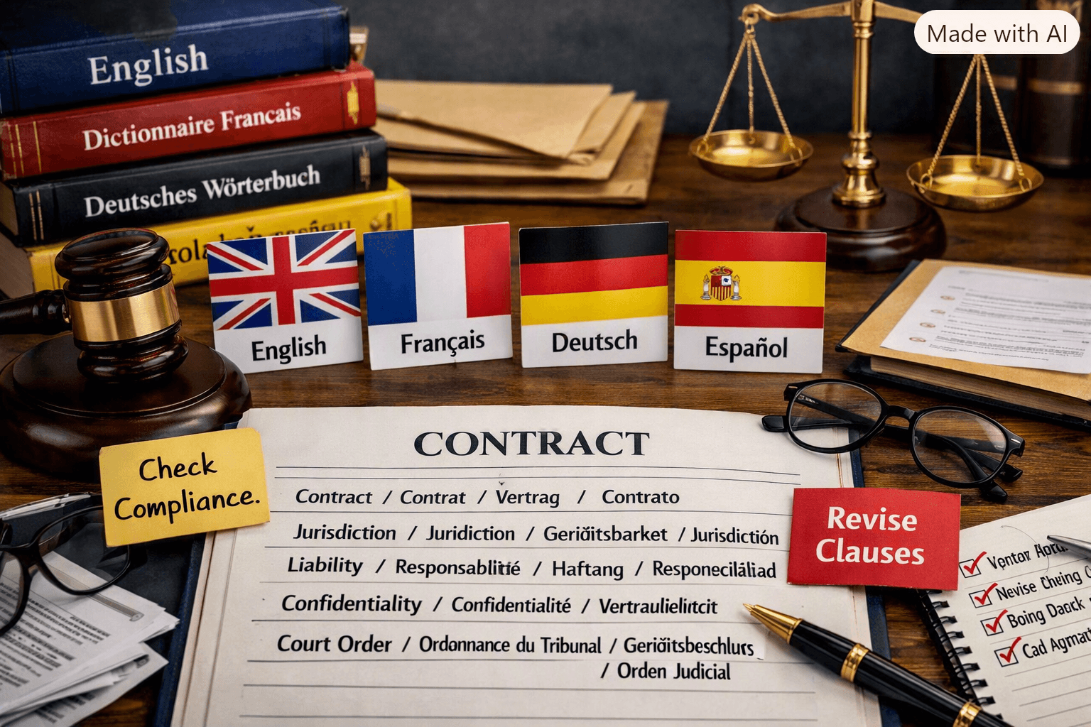 Multilingual legal contract document with flags, dictionaries, a gavel, and scales of justice.