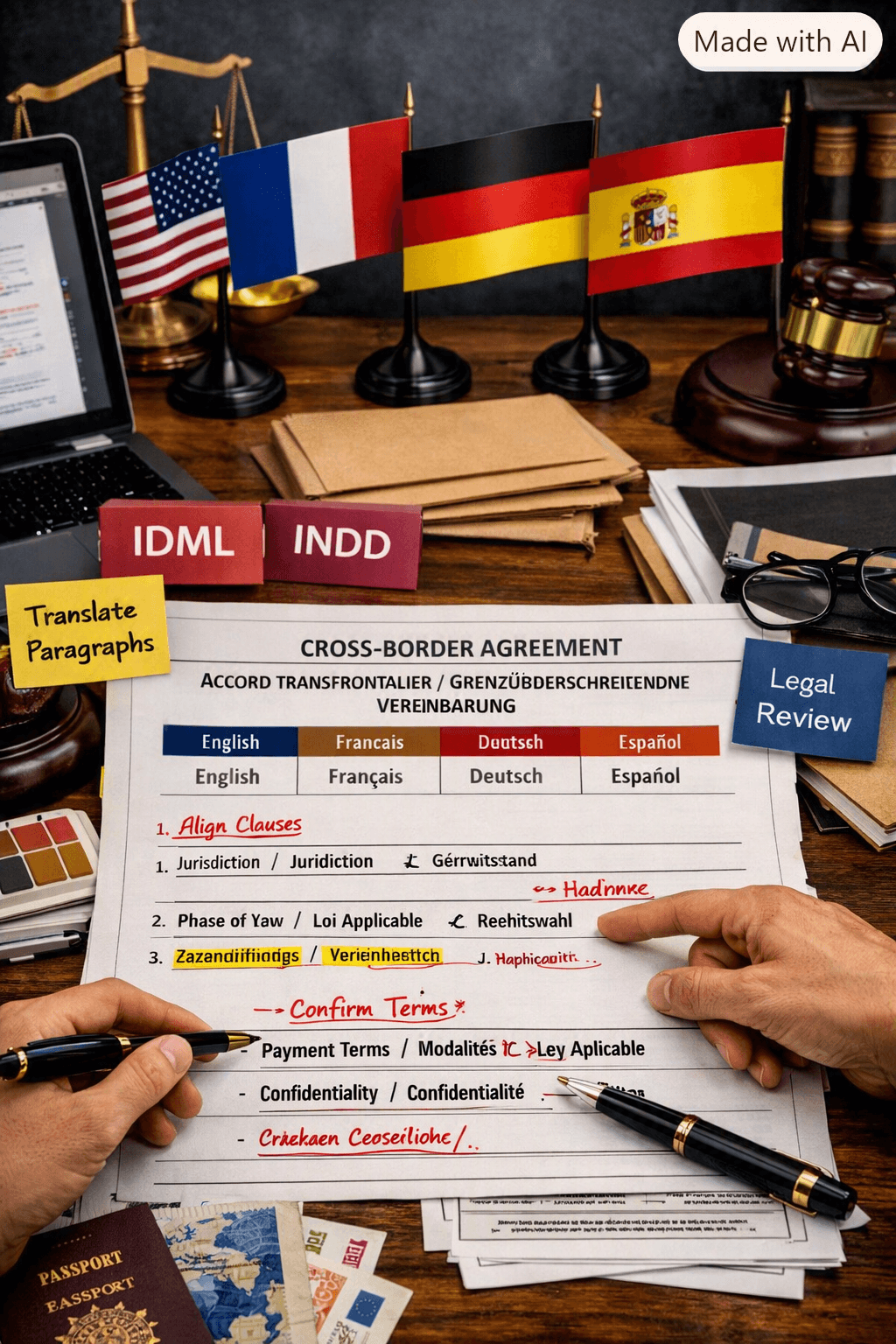 Hands reviewing a multilingual cross-border agreement on a desk with international flags and legal scales.