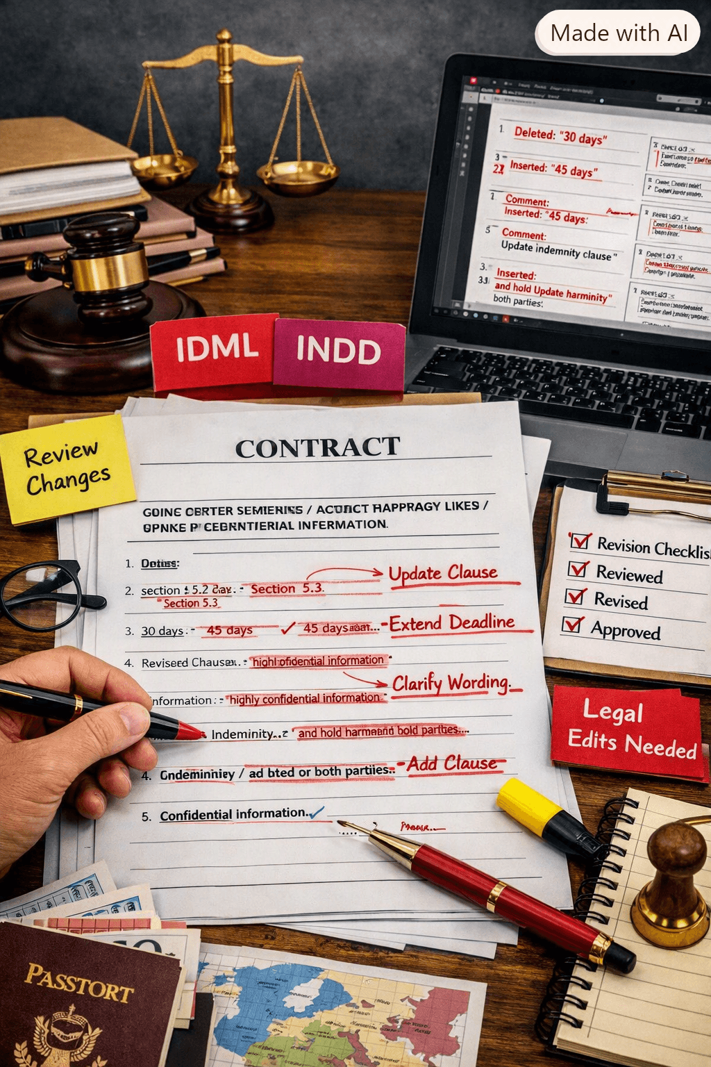 Hand marking red ink edits on a contract document beside a gavel, scales and laptop.