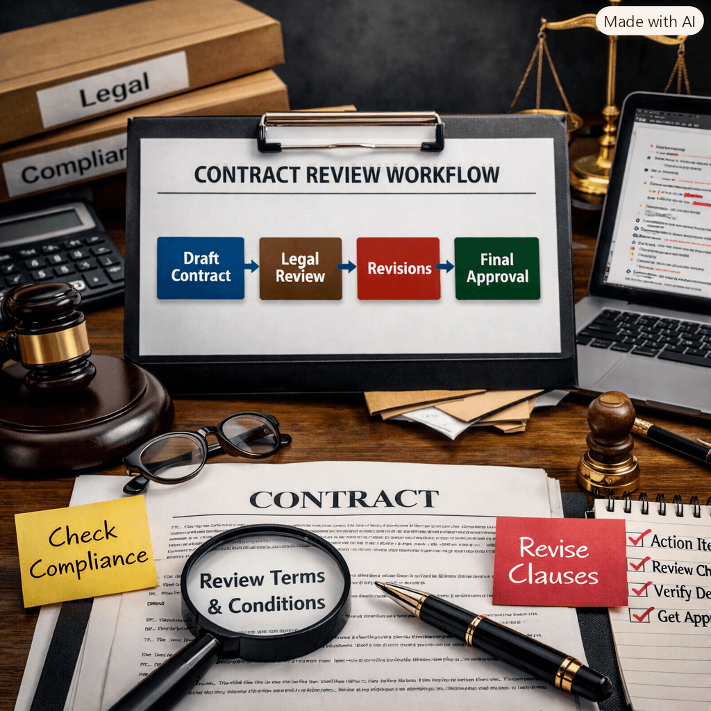 Legal desk with a contract review workflow diagram, magnifying glass, gavel, and legal documents.