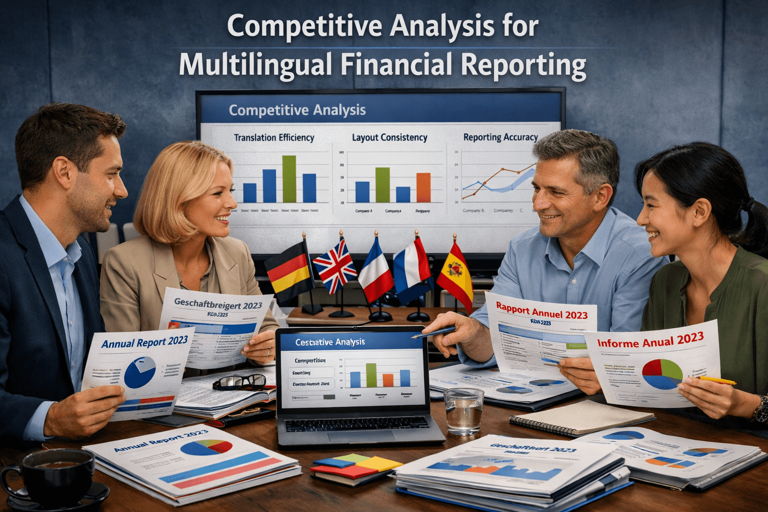 Professionals analysing multilingual financial reports in front of an international competitive analysis screen.