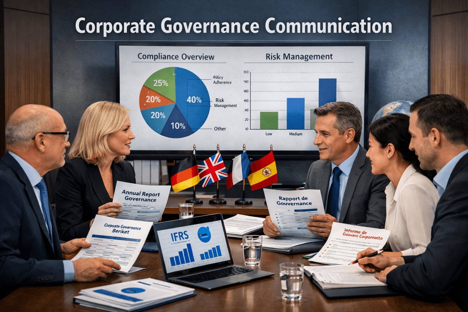 Executives in a meeting reviewing corporate governance reports with charts and international flags.