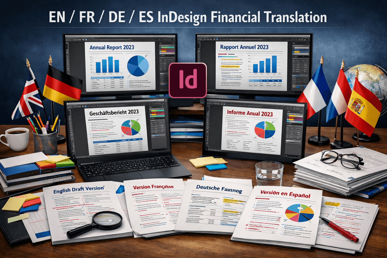 Annual financial reports translated into multiple languages using Adobe InDesign on screens and paper.