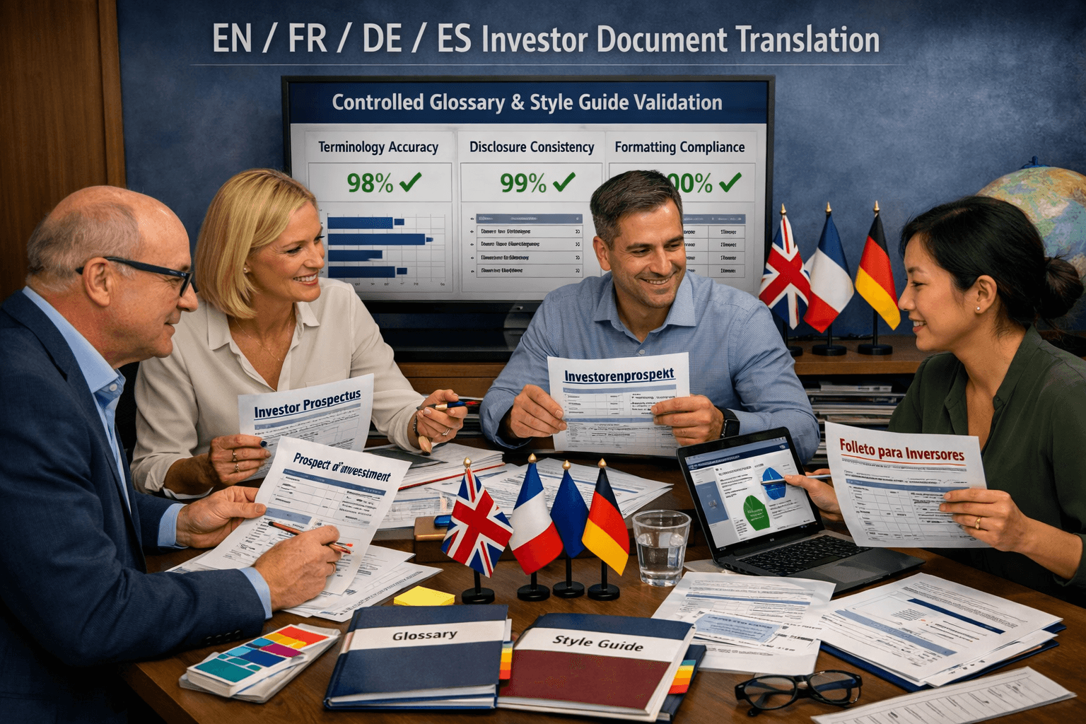 Professionals reviewing translated investment documents in multiple languages with accuracy metrics.