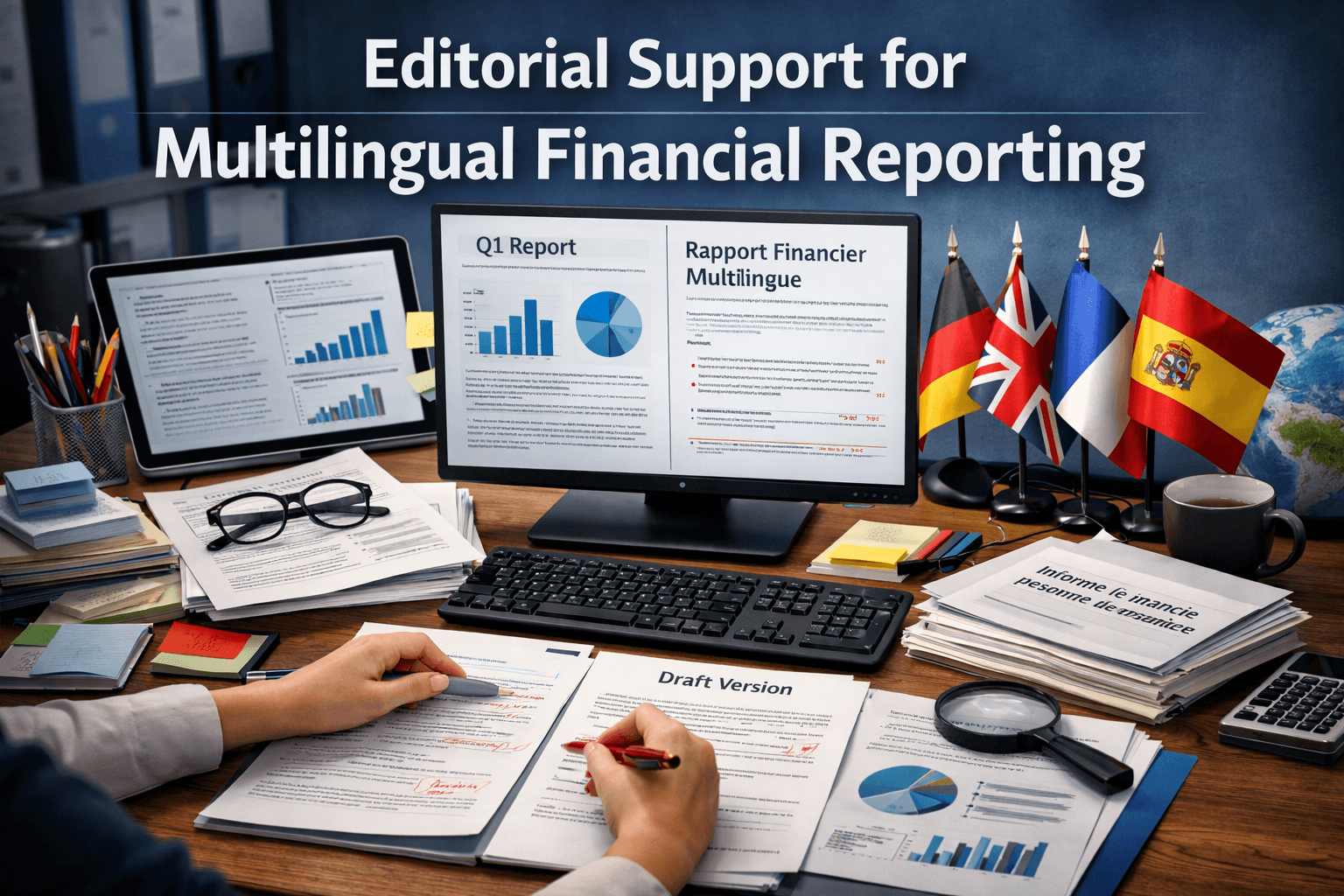 Desk with multilingual financial reports, international flags, and hands reviewing document drafts.