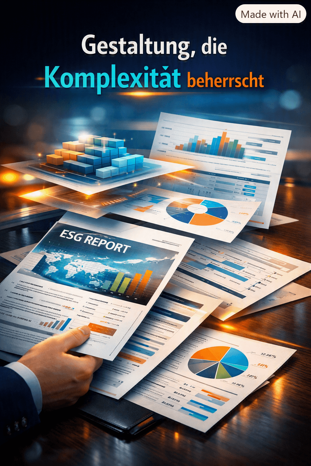 Hand holding an ESG report amidst glowing 3D data visualisations and various business charts.