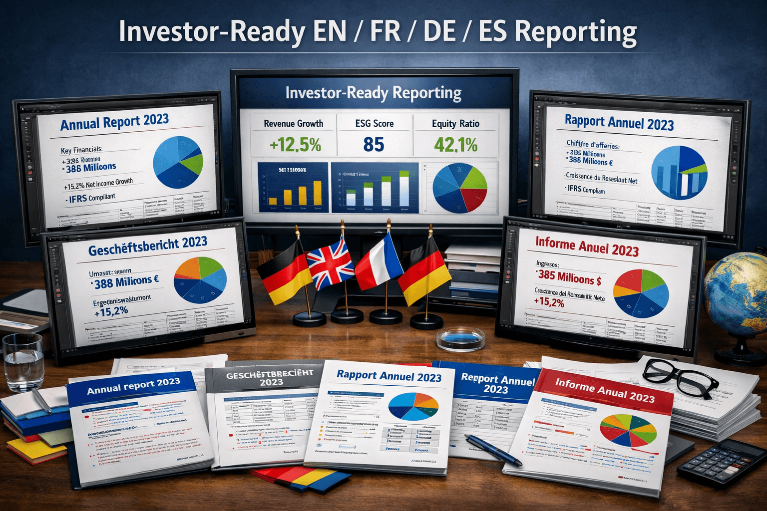 Multilingual annual financial reports on screens and documents on a desk with flags and accessories.