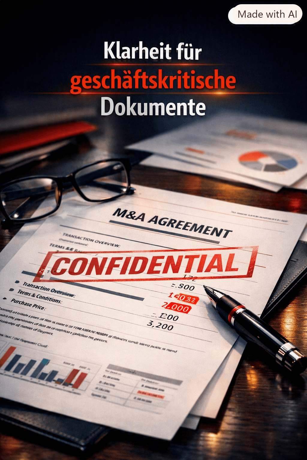 Confidential M&A agreement document with a red stamp, pen, and glasses on a desk.