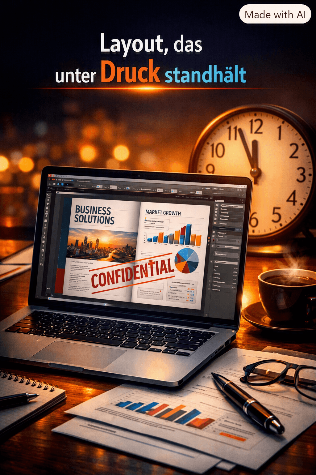 Laptop displaying confidential business reports on a desk with a clock, coffee, and charts.