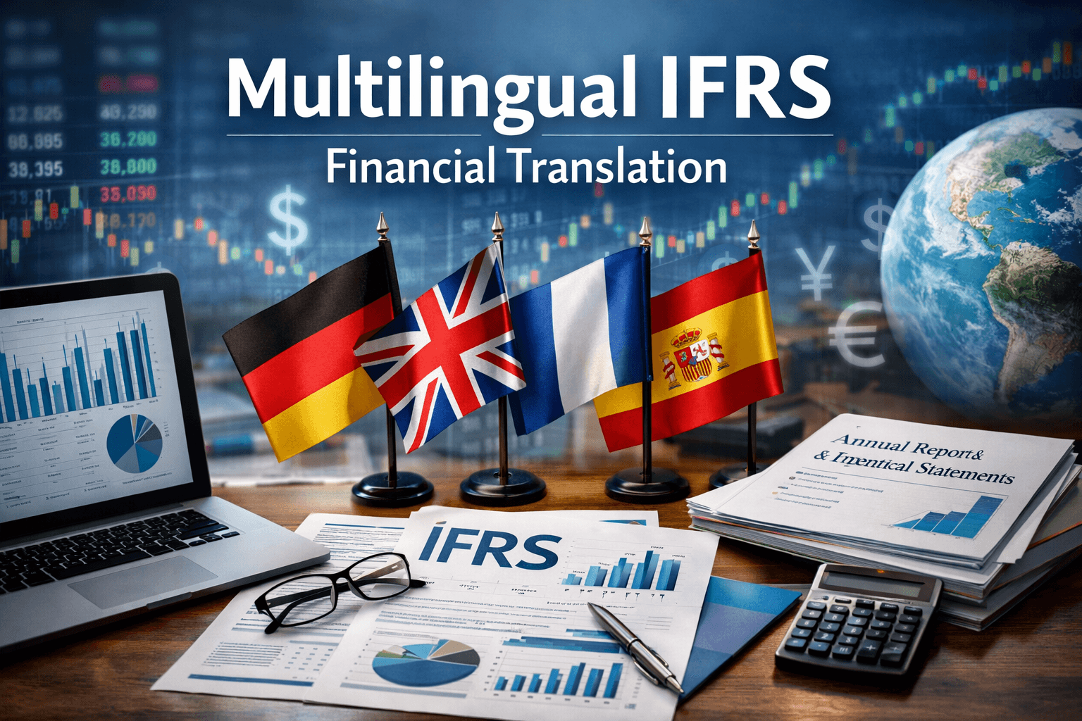 Multilingual IFRS translation graphic featuring flags, financial reports, a computer, and a globe.