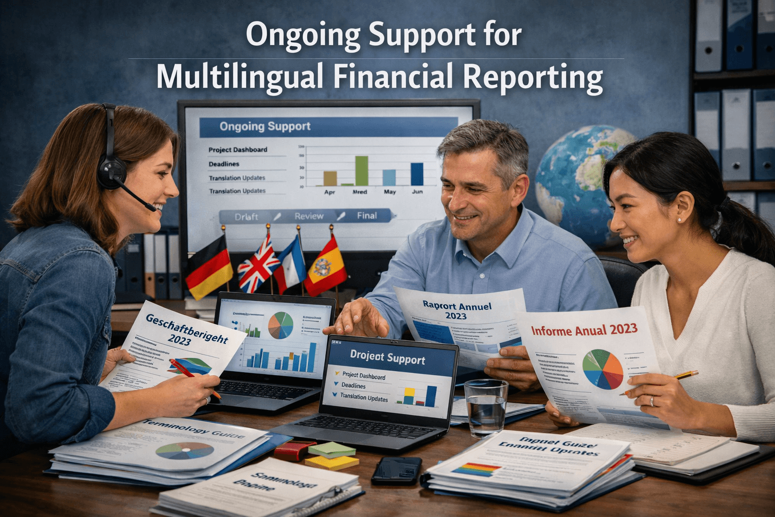 Professionals in an office collaborating on multilingual financial reports with charts and international flags.