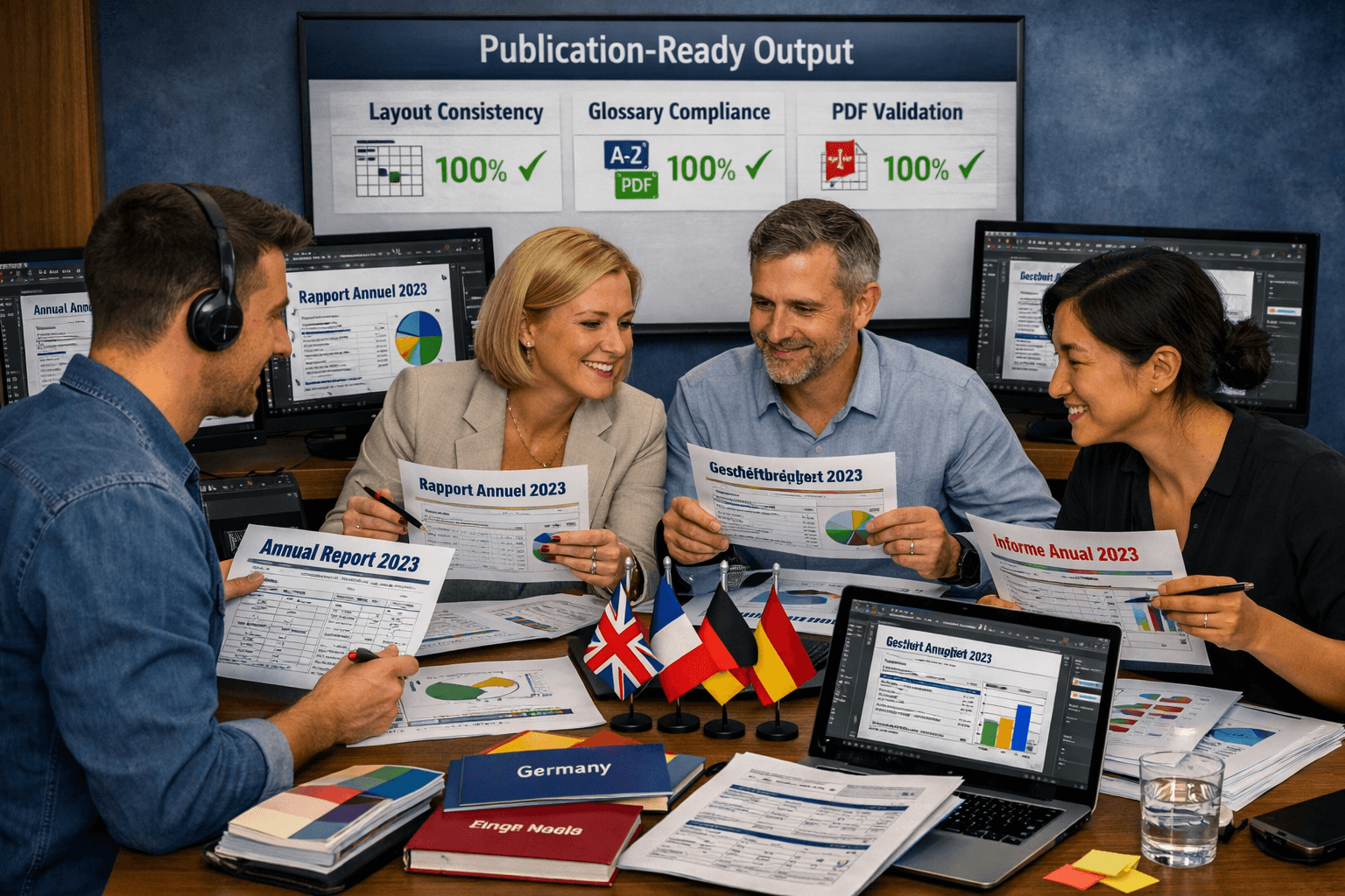 Team collaborating on multilingual annual reports with international flags and validation screens.