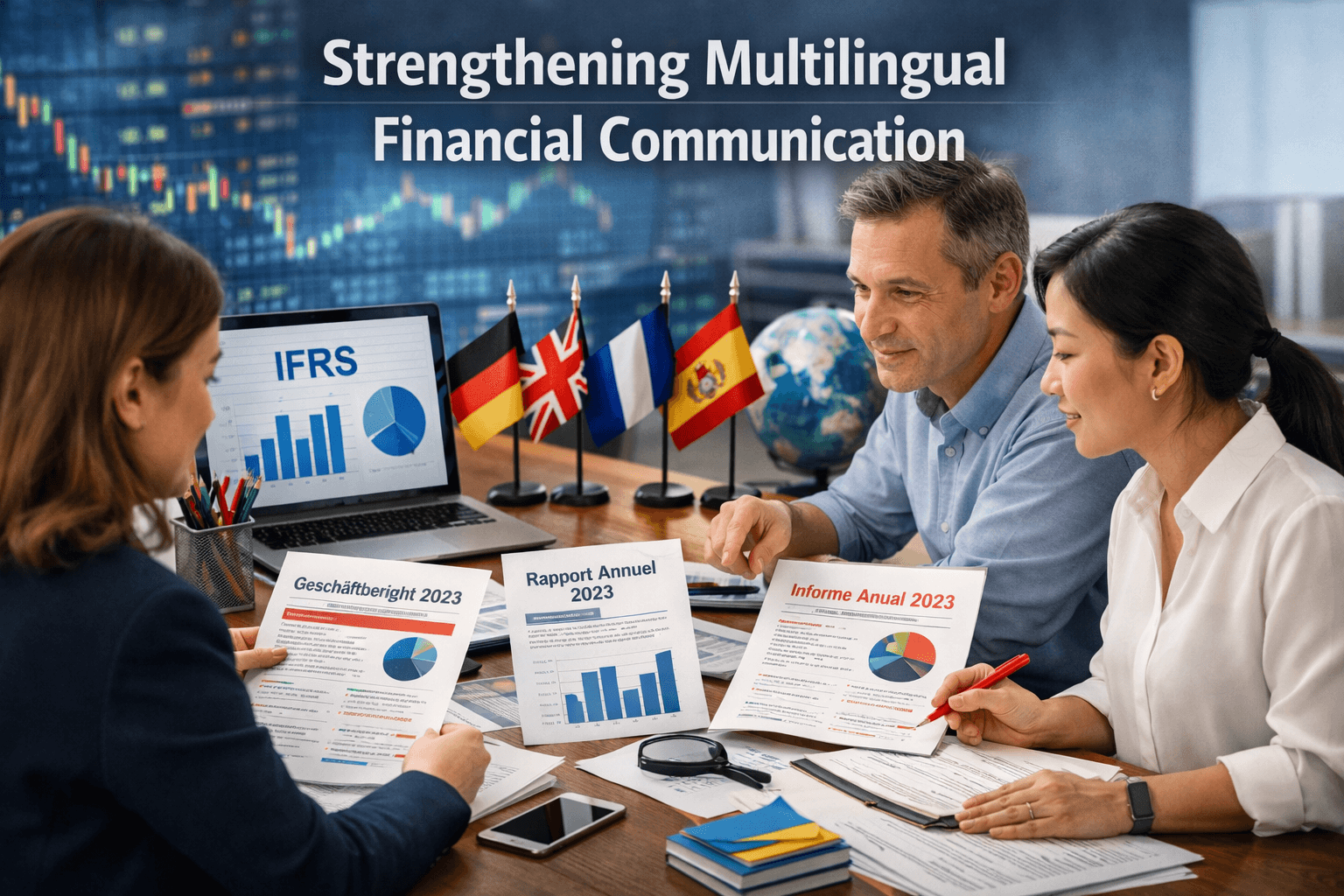 Professionals in a modern office analysing multilingual financial reports with charts and international flags.