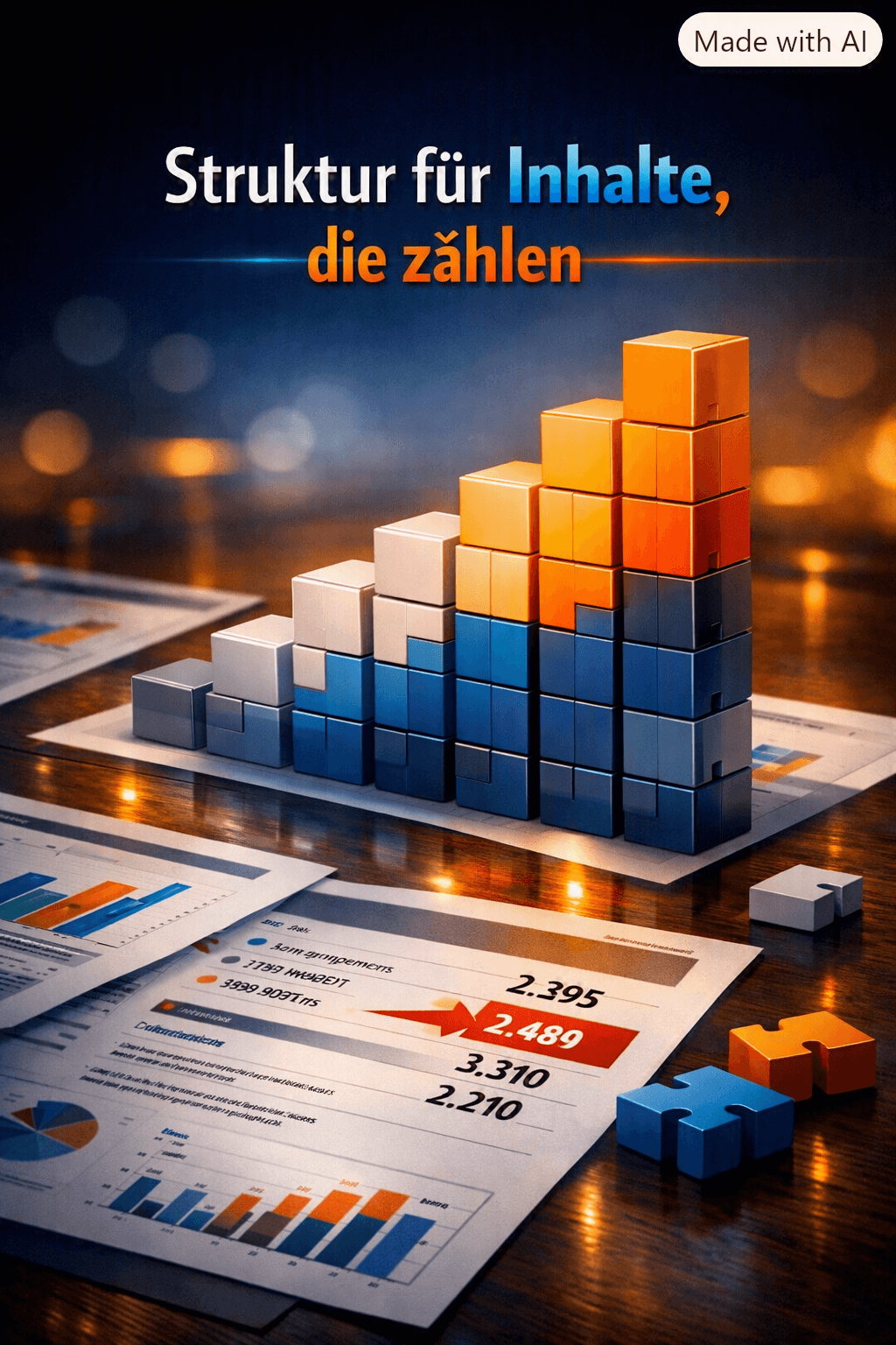 3D block bar chart on a desk with financial reports and a German heading.