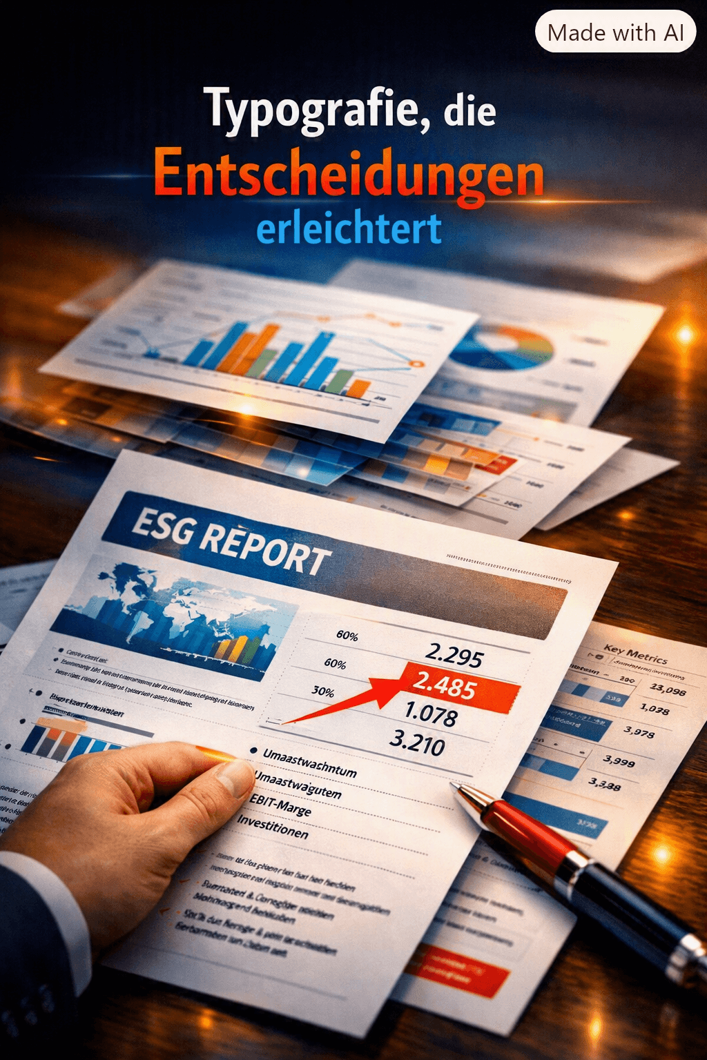 Hand pointing at an ESG report with various data visualisations on a wooden desk.